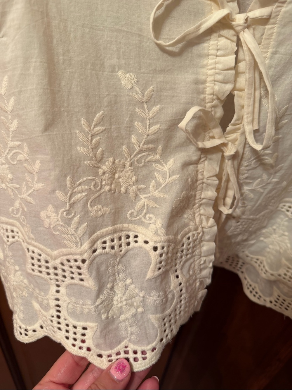 Cream Embroidered Tie-Front Peasant Blouse - Picture 5 of 13